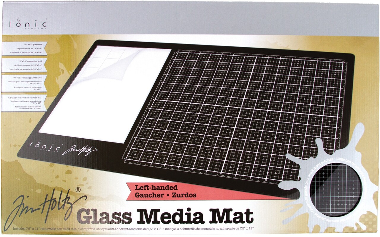 Tim Holtz Glass Cutting Mat - Left Handed Work Surface with 12x14 Measuring Grid and Palette for Paint, Ink, and Mixed Media - Art and Craft Supplies